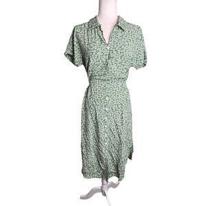 Womens Green Floral Short Sleeve Button Up Midi Dress Size S Tie Waist Retro